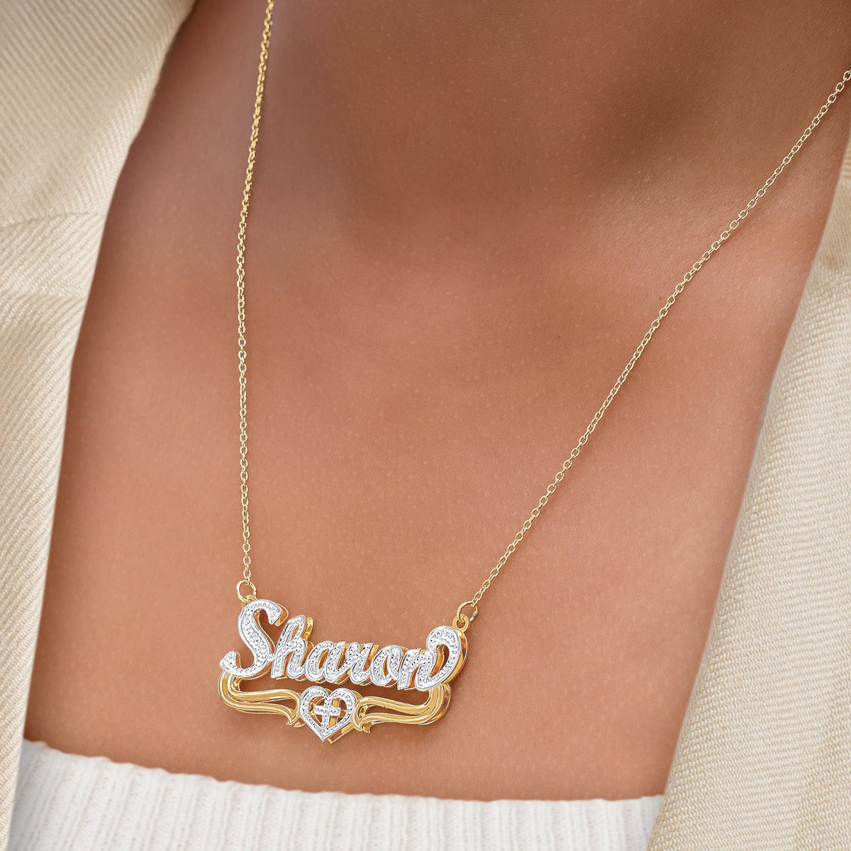 Double-plated Script Name Necklace with Beading/Rhodium