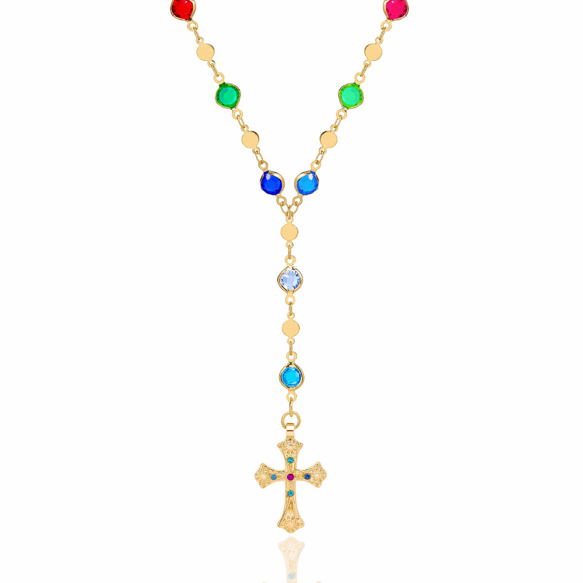 Multicolored Rosary Cross Necklace