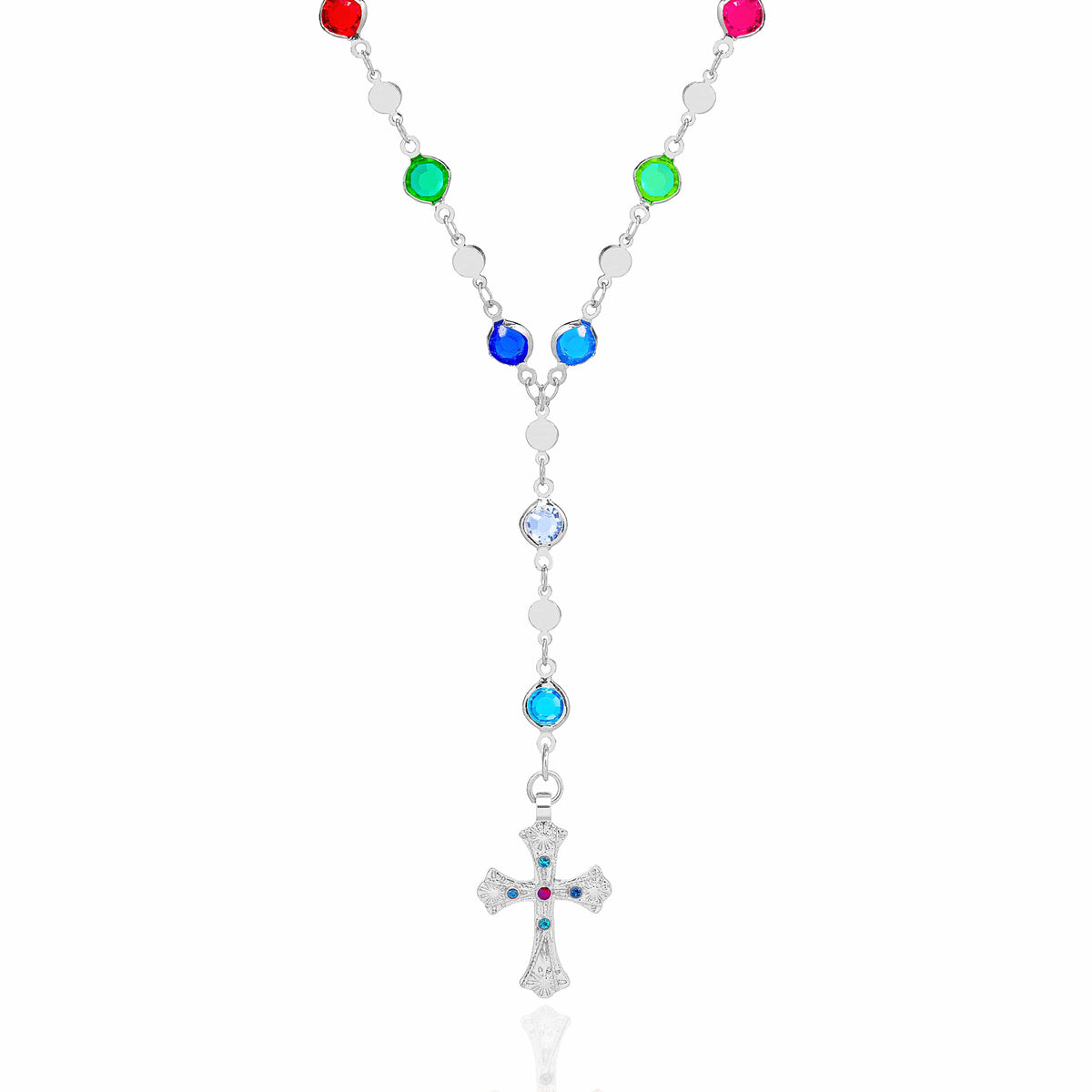 Multicolored Rosary Cross Necklace