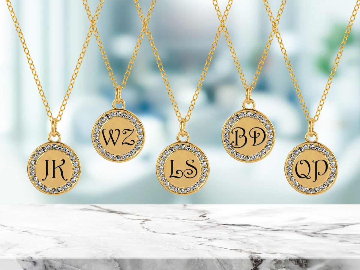 5 Engraved  Personalized Cubic Zirconia Disk Necklaces