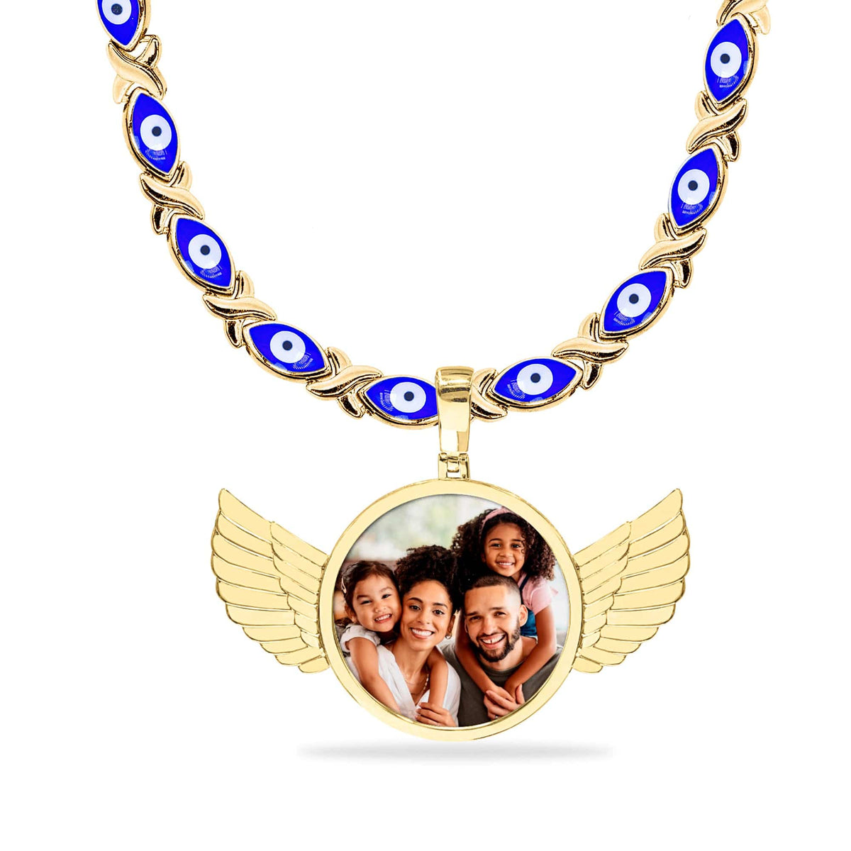 Evil Eye Xo Chain High Polished Round Photo Pendant with Wings