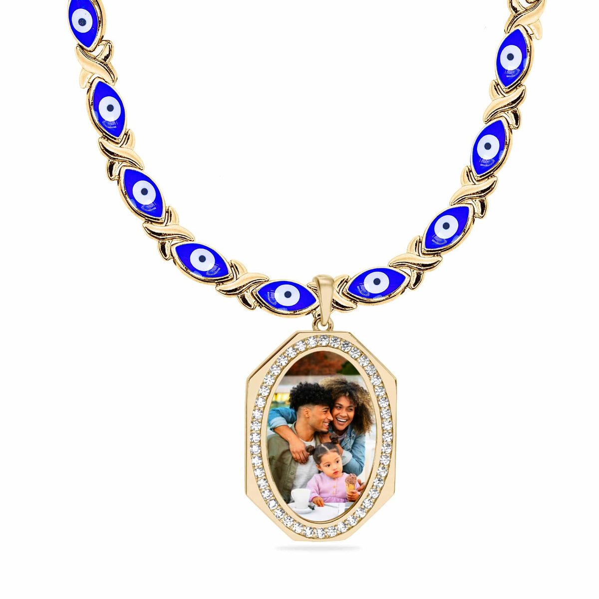 Evil Eye Xo Chain Iced Out Oval Photo Pendant