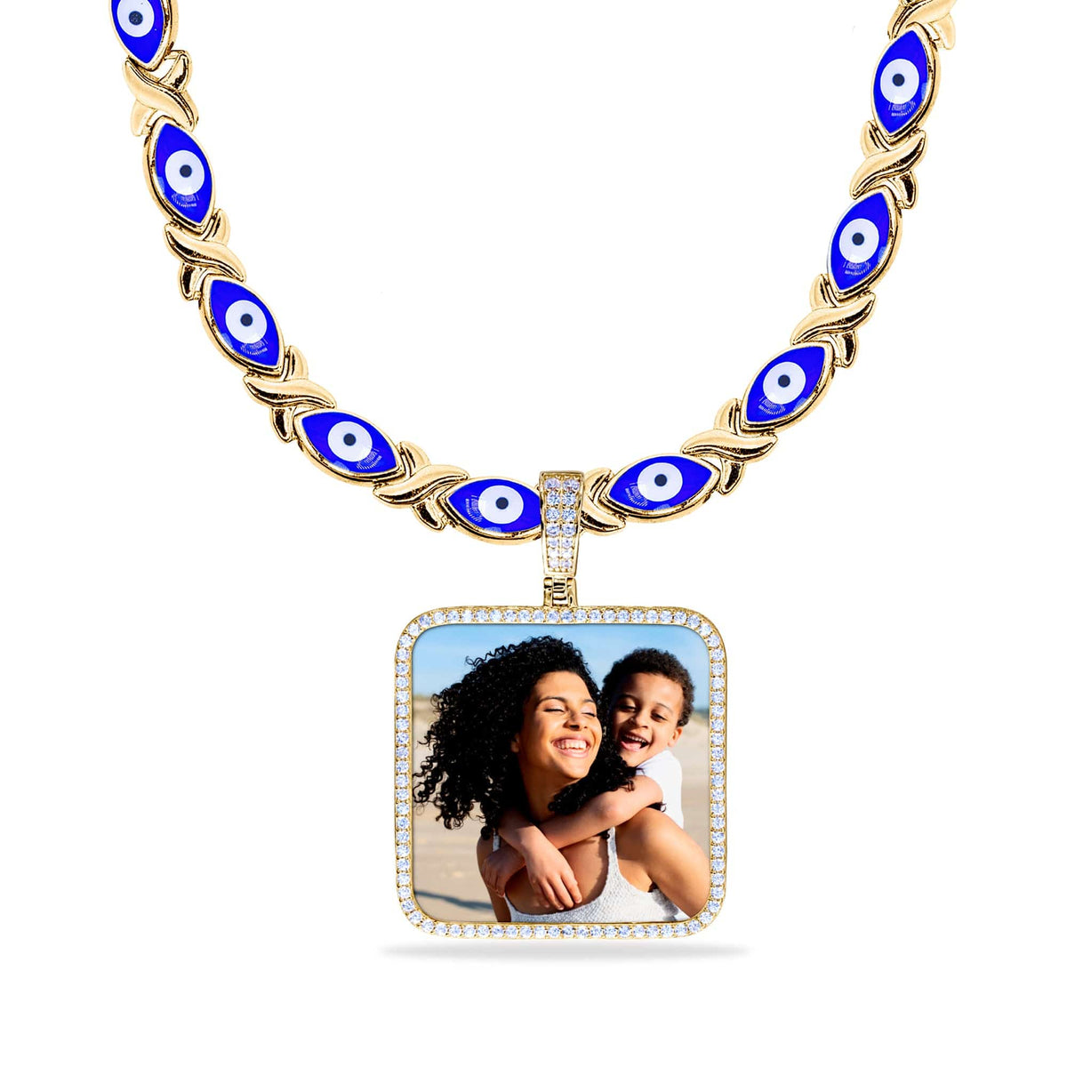 Evil Eye Xo Chain Iced Out Square Photo Pendant