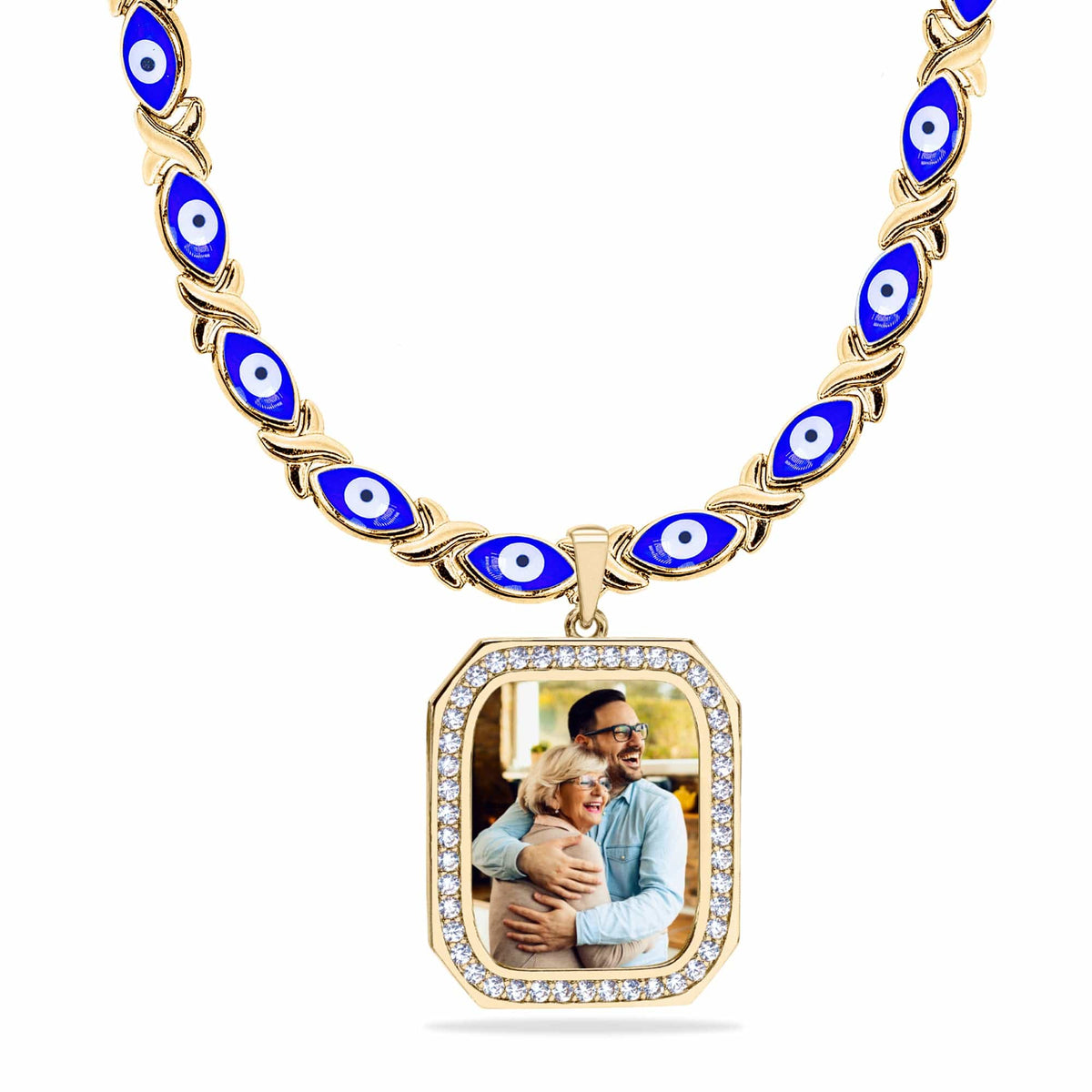 Evil Eye Xo Chain Square Photo Pendant with Stones