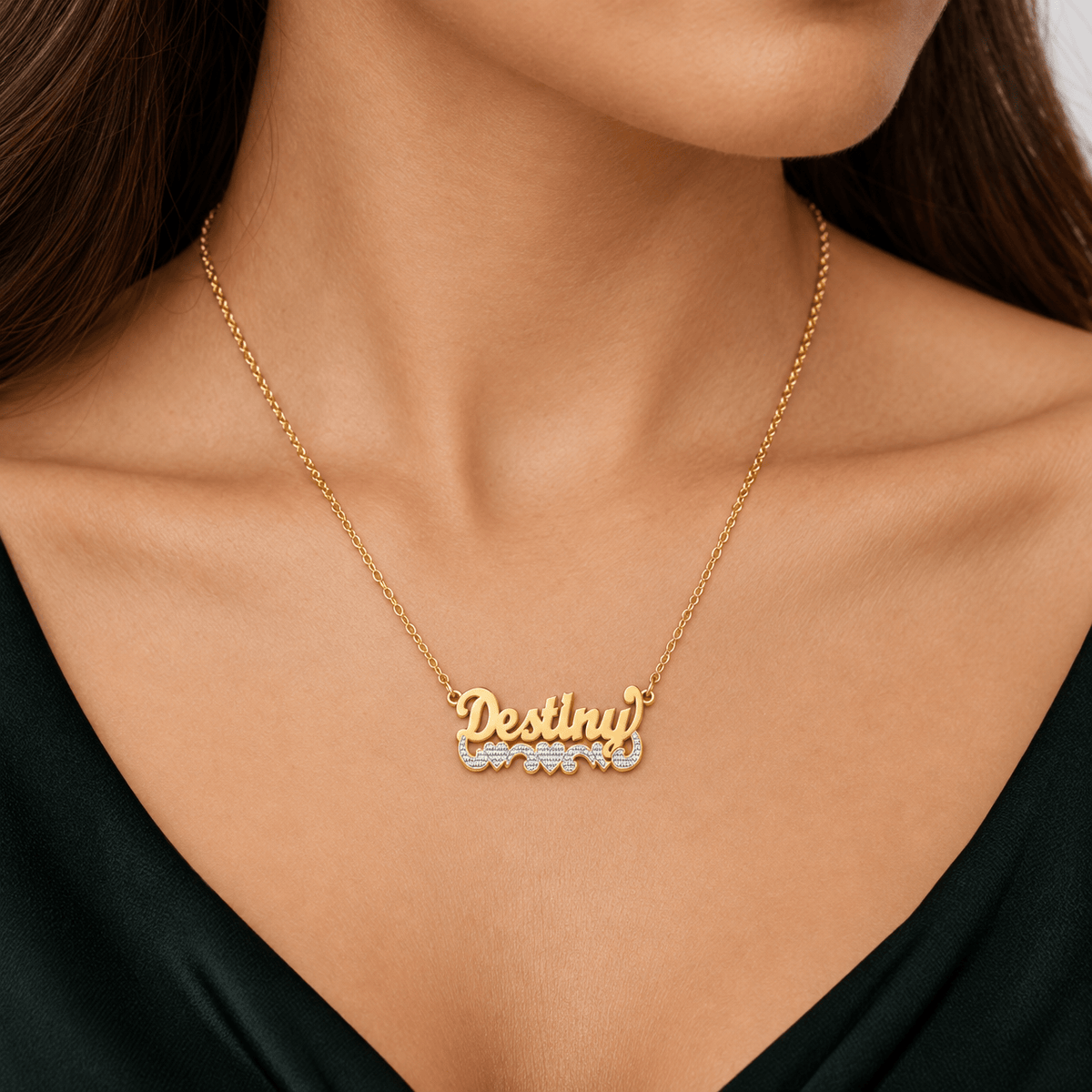 Double Name Necklace with Beading and Three Hearts and Tail Beading