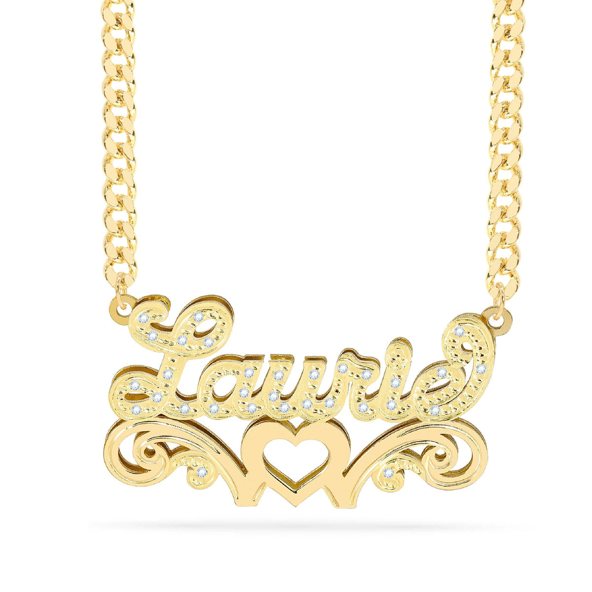 Diamond Double Nameplate Necklace w/ Love Heart &quot;Laurie&quot;