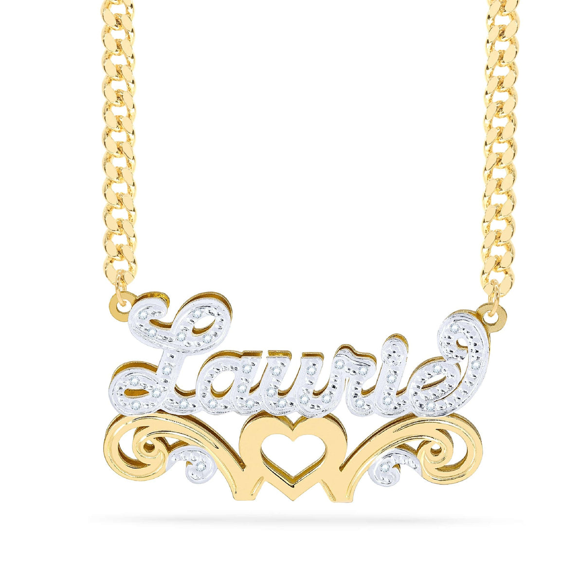 Diamond Double Nameplate Necklace w/ Love Heart &quot;Laurie&quot;