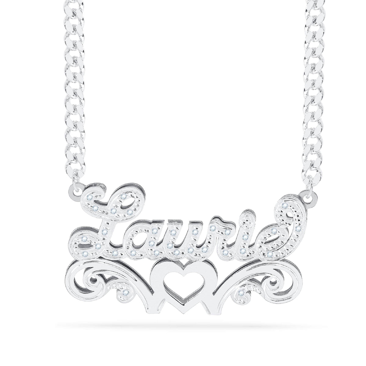Diamond Double Nameplate Necklace w/ Love Heart &quot;Laurie&quot;