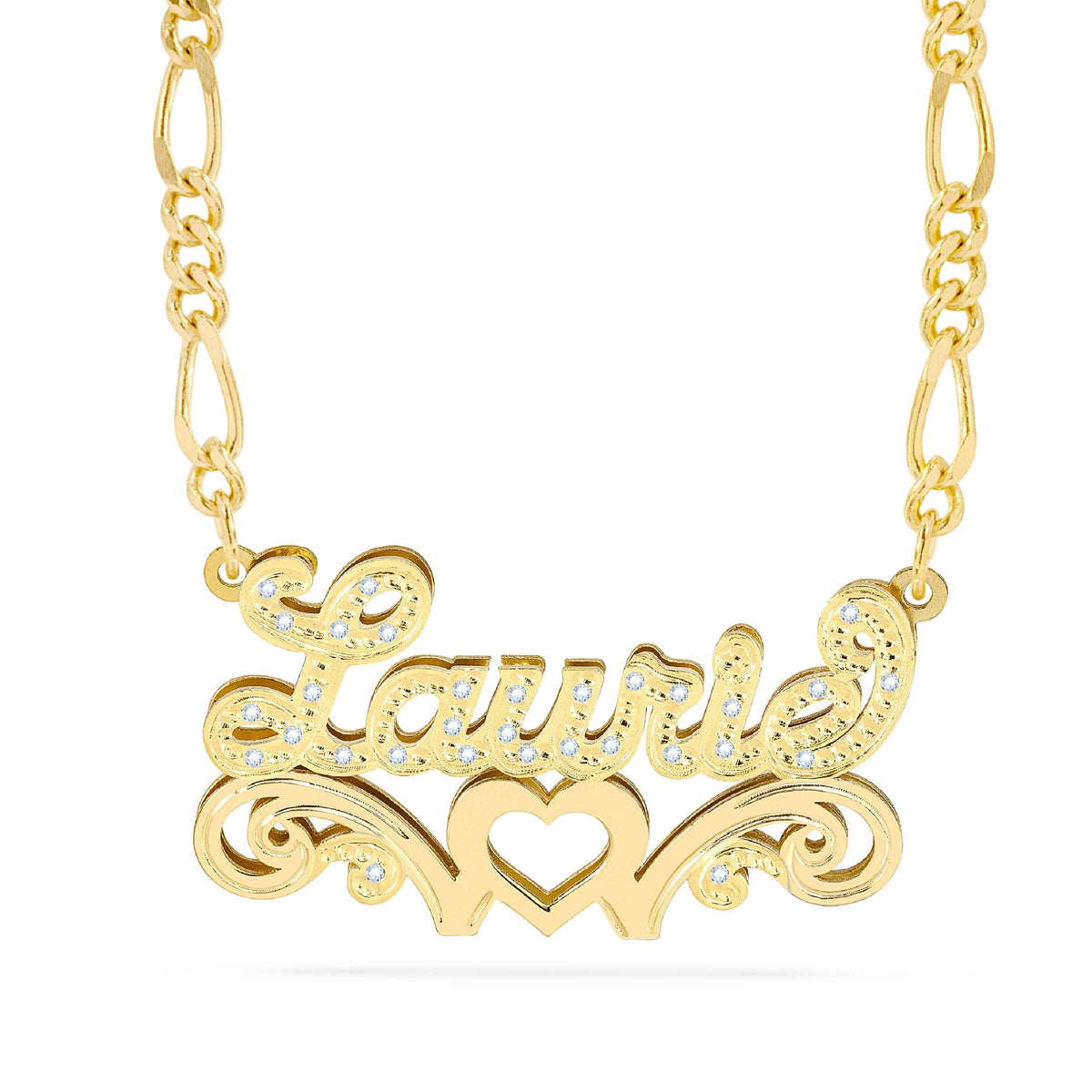 Diamond Double Nameplate Necklace w/ Love Heart &quot;Laurie&quot;