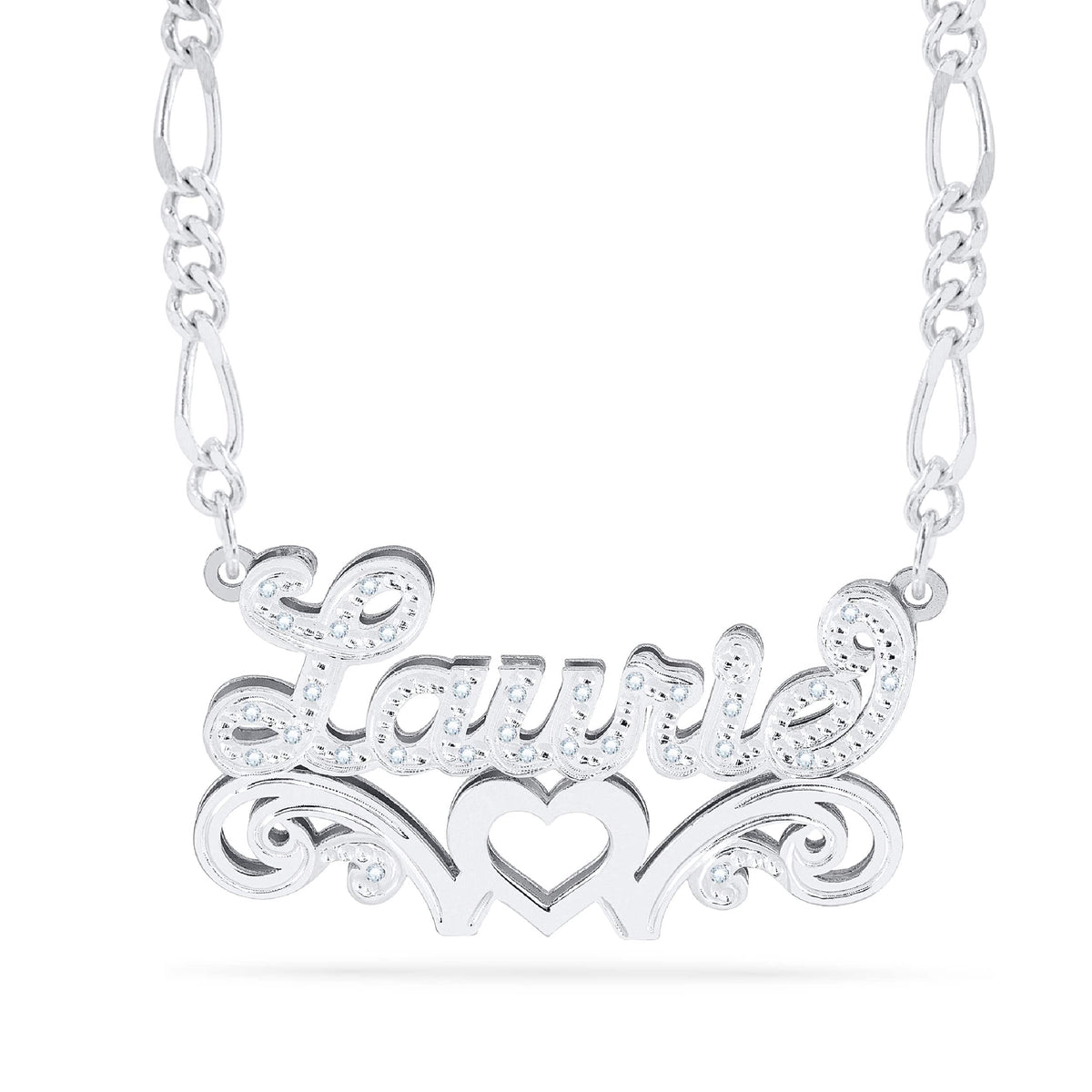 Diamond Double Nameplate Necklace w/ Love Heart &quot;Laurie&quot;