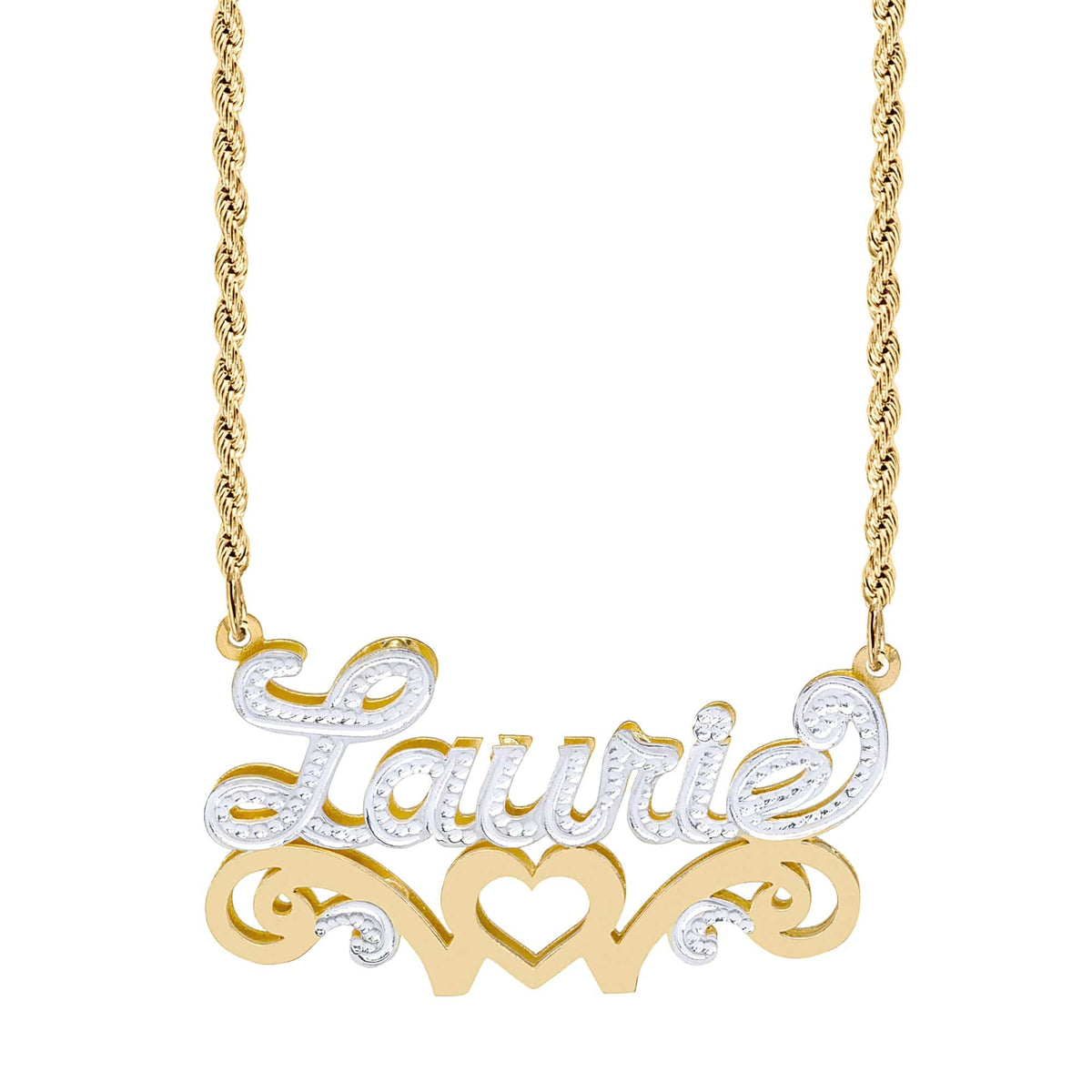 Double Nameplate Necklace w/ Love Heart &quot;Laurie&quot;