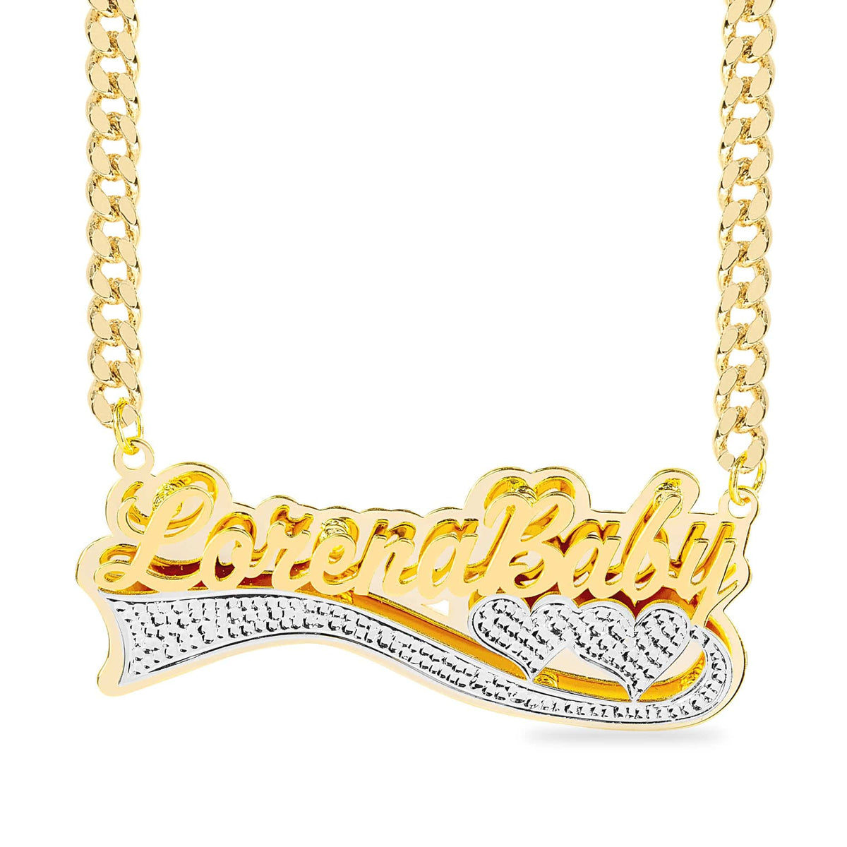 Double Plated Name Necklace with Beading on Hearts and Tail &quot;LorenaBaby&quot;