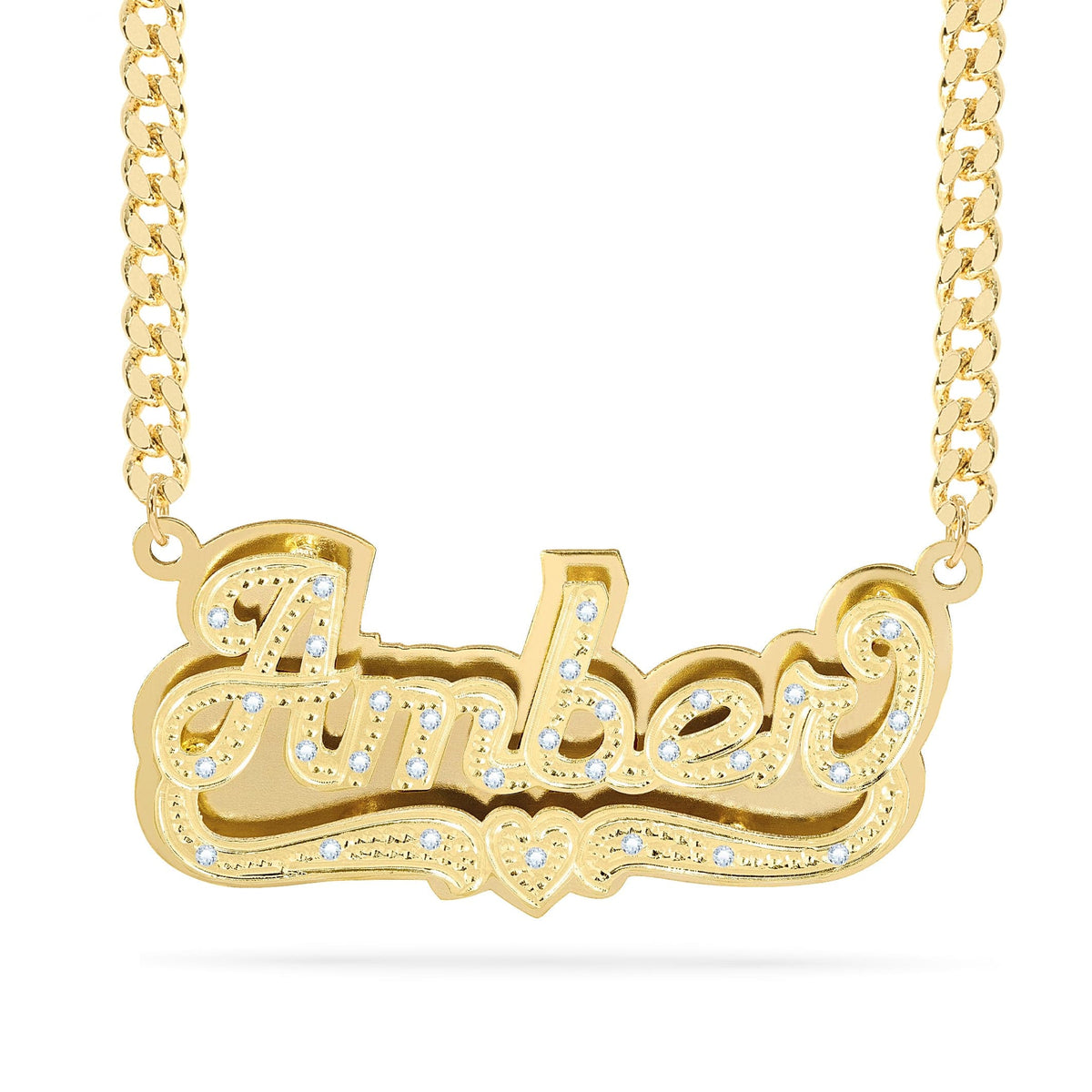 Diamond Double Nameplate Necklace w/ Love Heart &quot;Amber&quot;