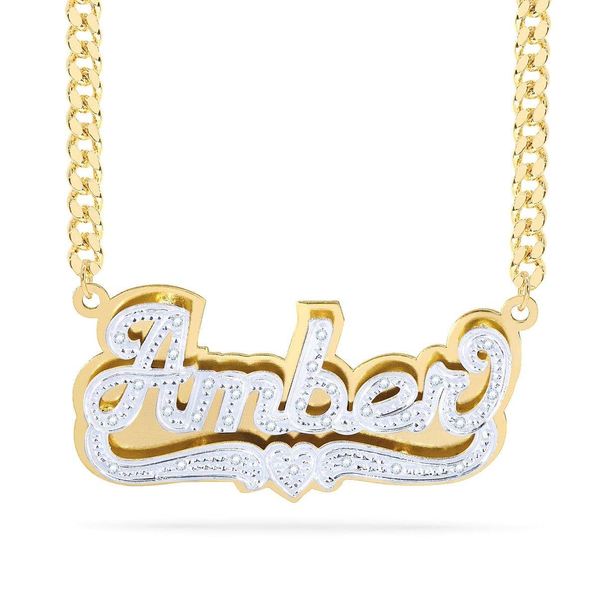 Diamond Double Nameplate Necklace w/ Love Heart &quot;Amber&quot;