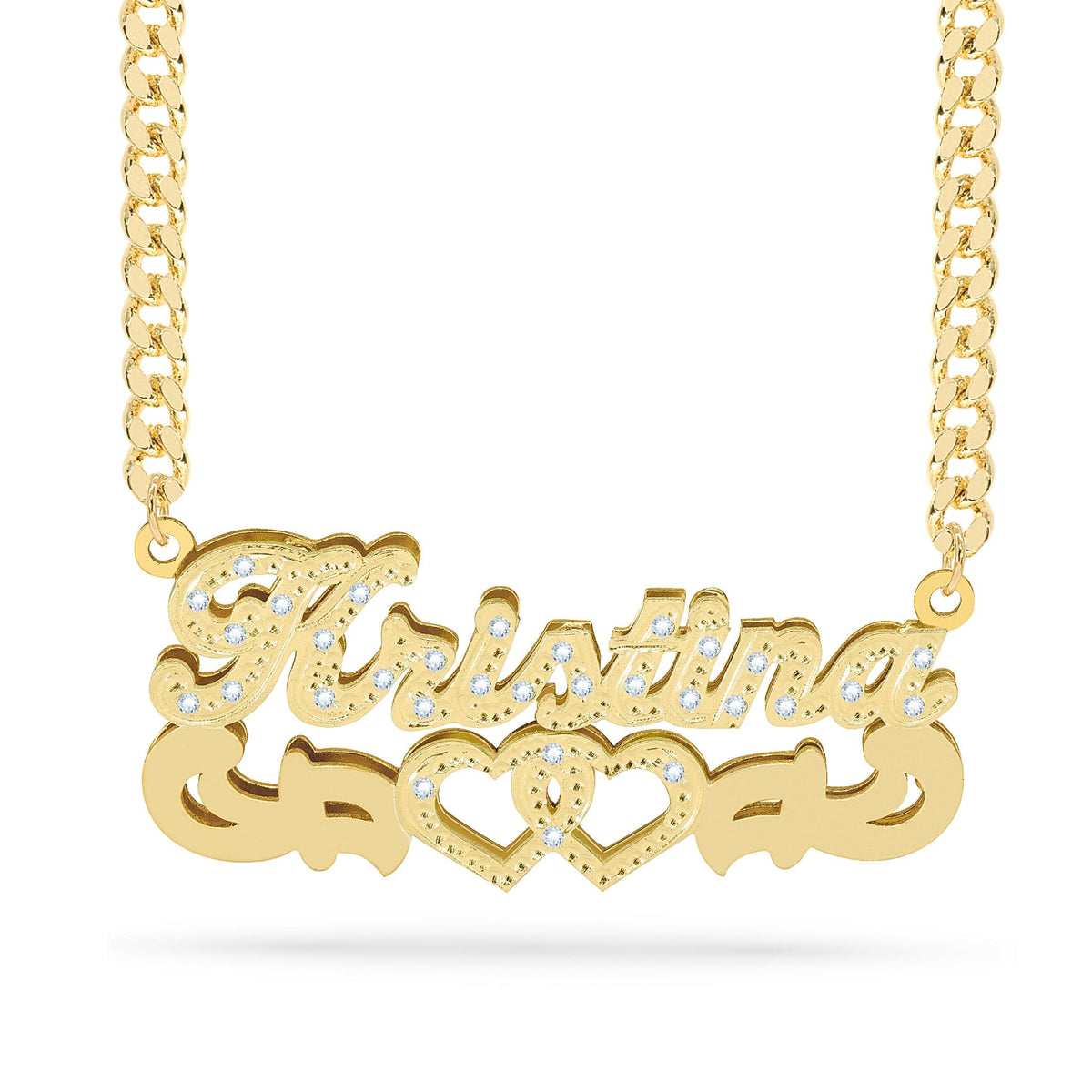 Diamond Double Nameplate Necklace w/ Love Heart &quot;Kristina&quot;