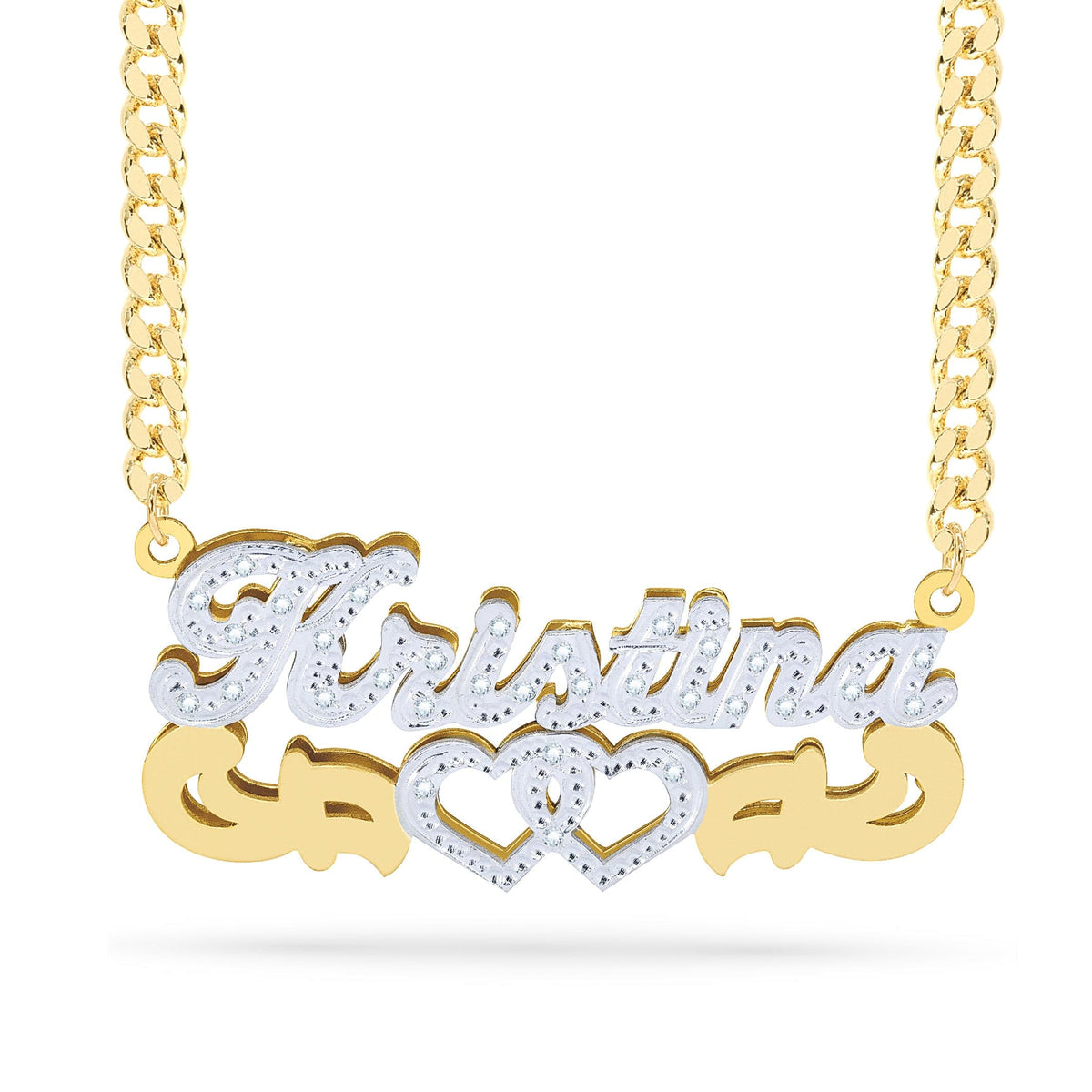Diamond Double Nameplate Necklace w/ Love Heart &quot;Kristina&quot;