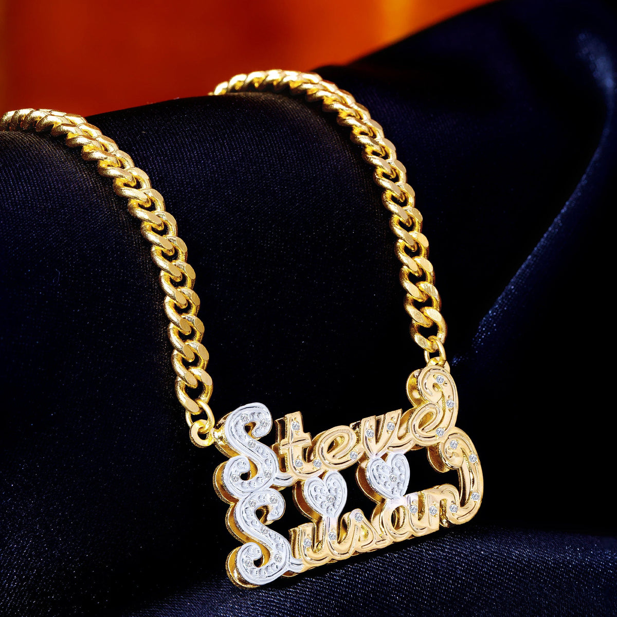 Diamond Couple Double Name Necklace w/ Heart &quot;Steve &amp; Susan&quot;