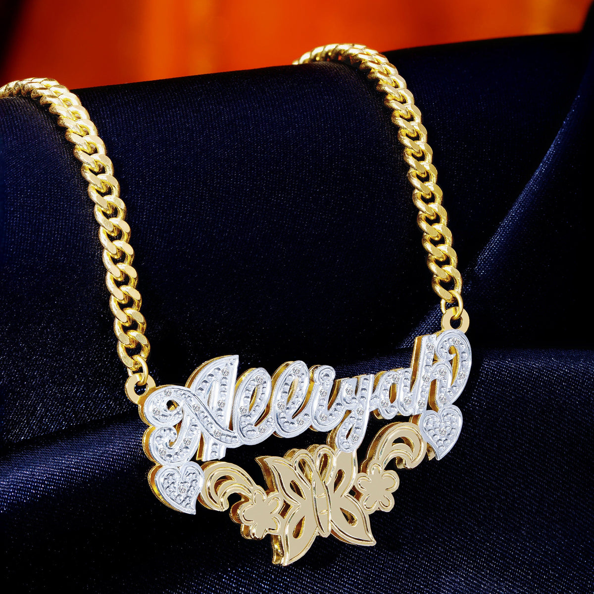 Diamond Butterfly Double Nameplate Necklace &quot;Alliyah&quot;