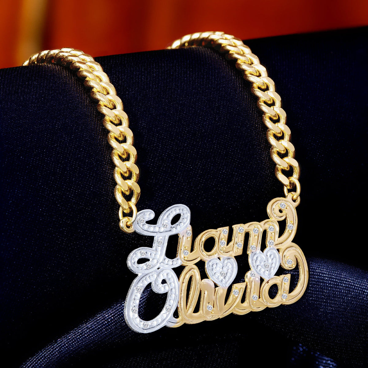 Diamond Custom Couple Necklace w/ Heart &quot;Liam &amp; Olivia&quot;