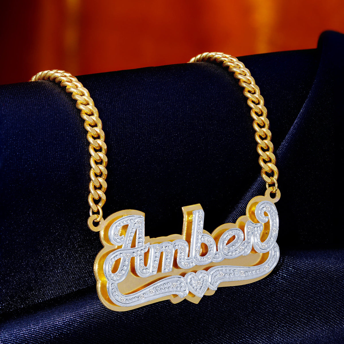 Diamond Double Nameplate Necklace w/ Love Heart &quot;Amber&quot;