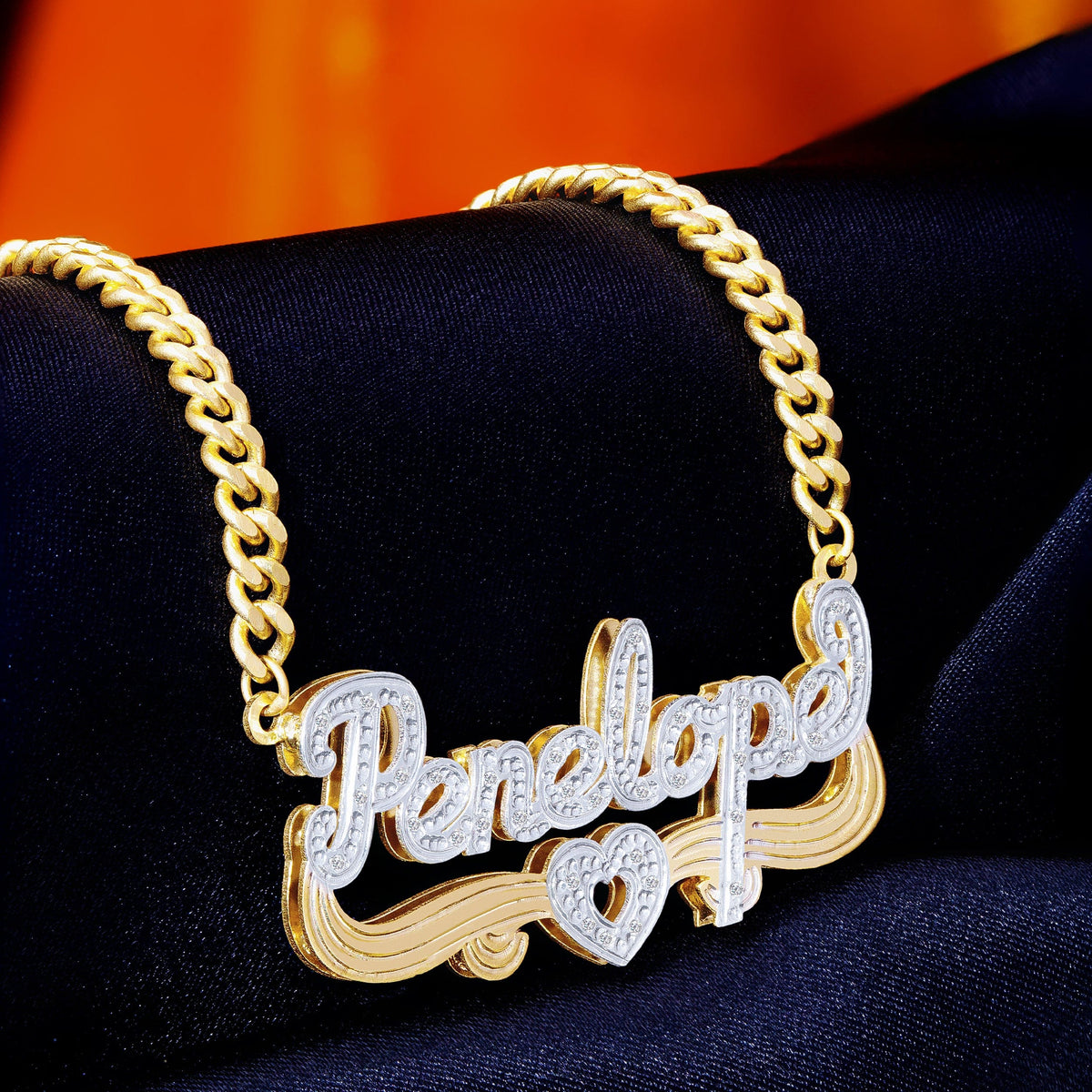 Diamond Double Nameplate Necklace w/ Heart &quot;Penelope&quot;