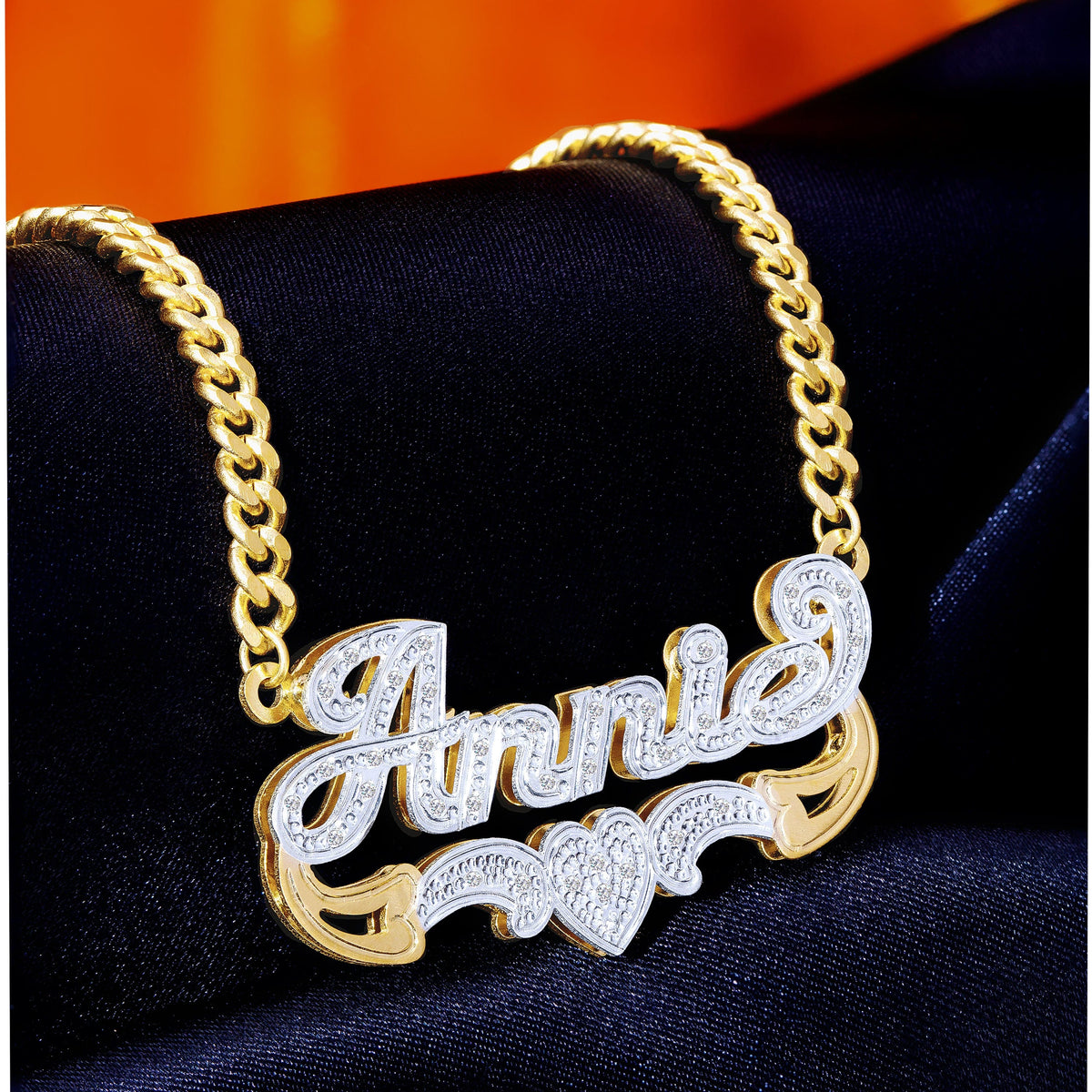 Diamond Double Nameplate Necklace w/ Love Heart &quot;Annie&quot;