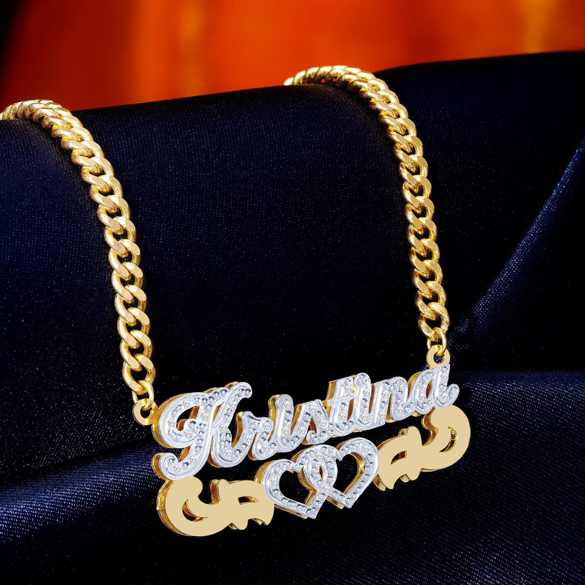 Diamond Double Nameplate Necklace w/ Love Heart &quot;Kristina&quot;