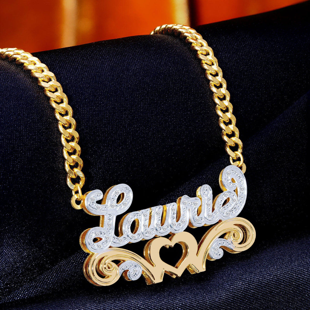 Diamond Double Nameplate Necklace w/ Love Heart &quot;Laurie&quot;