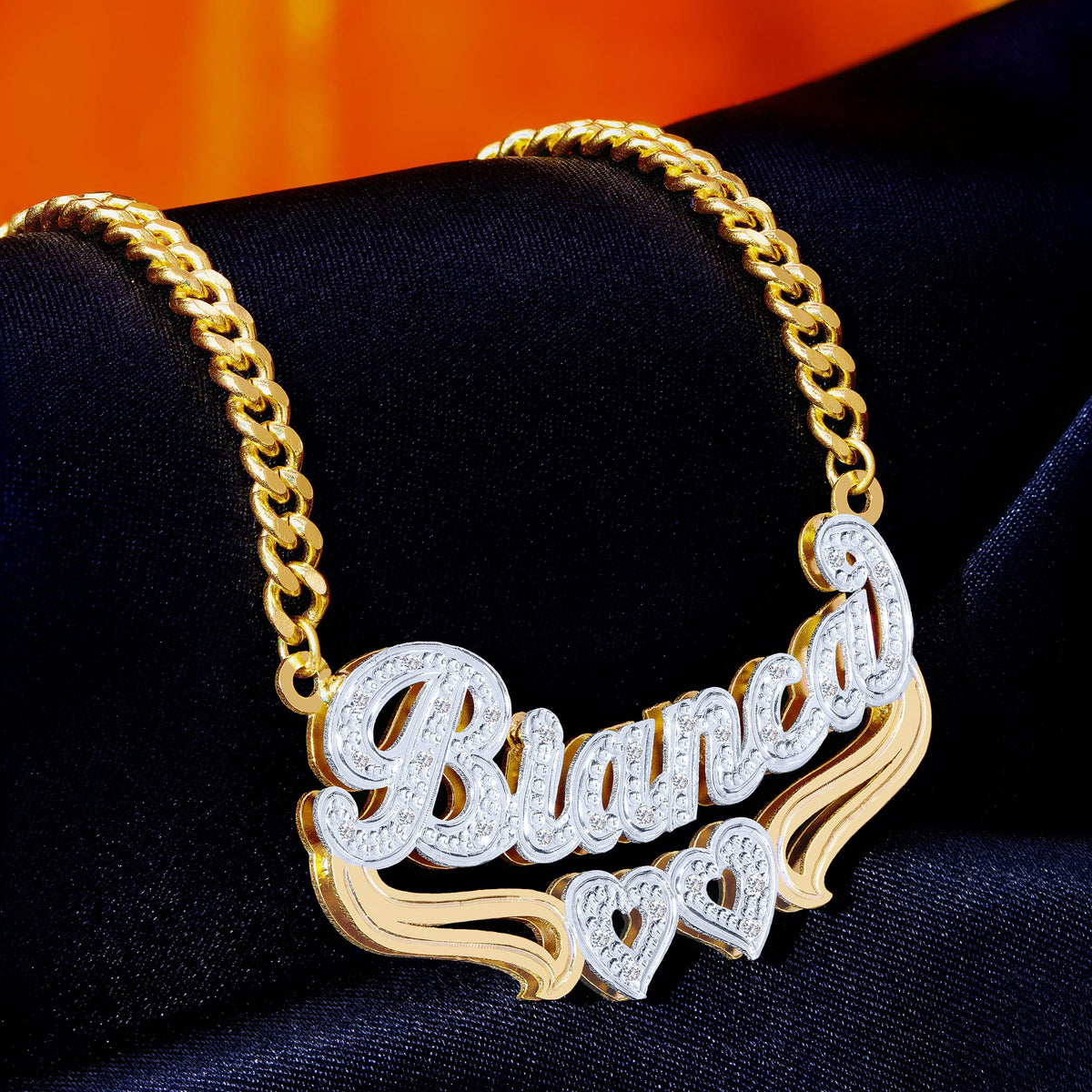 Diamond Double Nameplate Necklace w/ Hearts &quot;Bianca&quot;