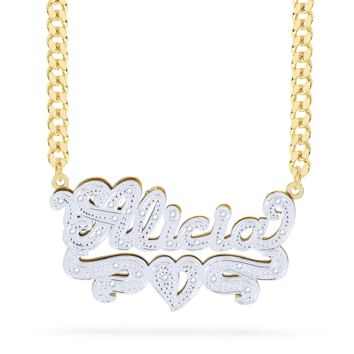 Diamond Double Nameplate Necklace with Heart &quot;Alicia&quot;