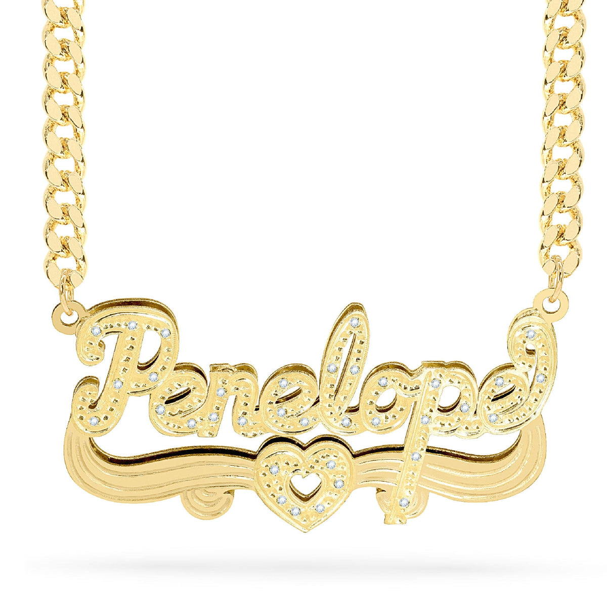 Diamond Double Nameplate Necklace w/ Heart &quot;Penelope&quot;