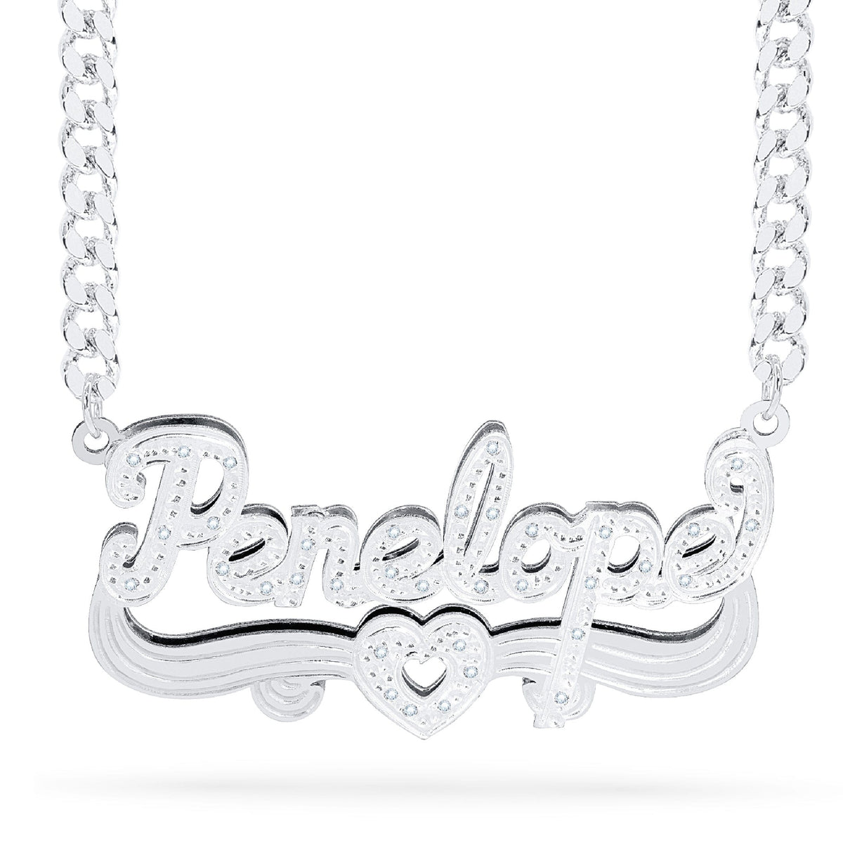 Diamond Double Nameplate Necklace w/ Heart &quot;Penelope&quot;
