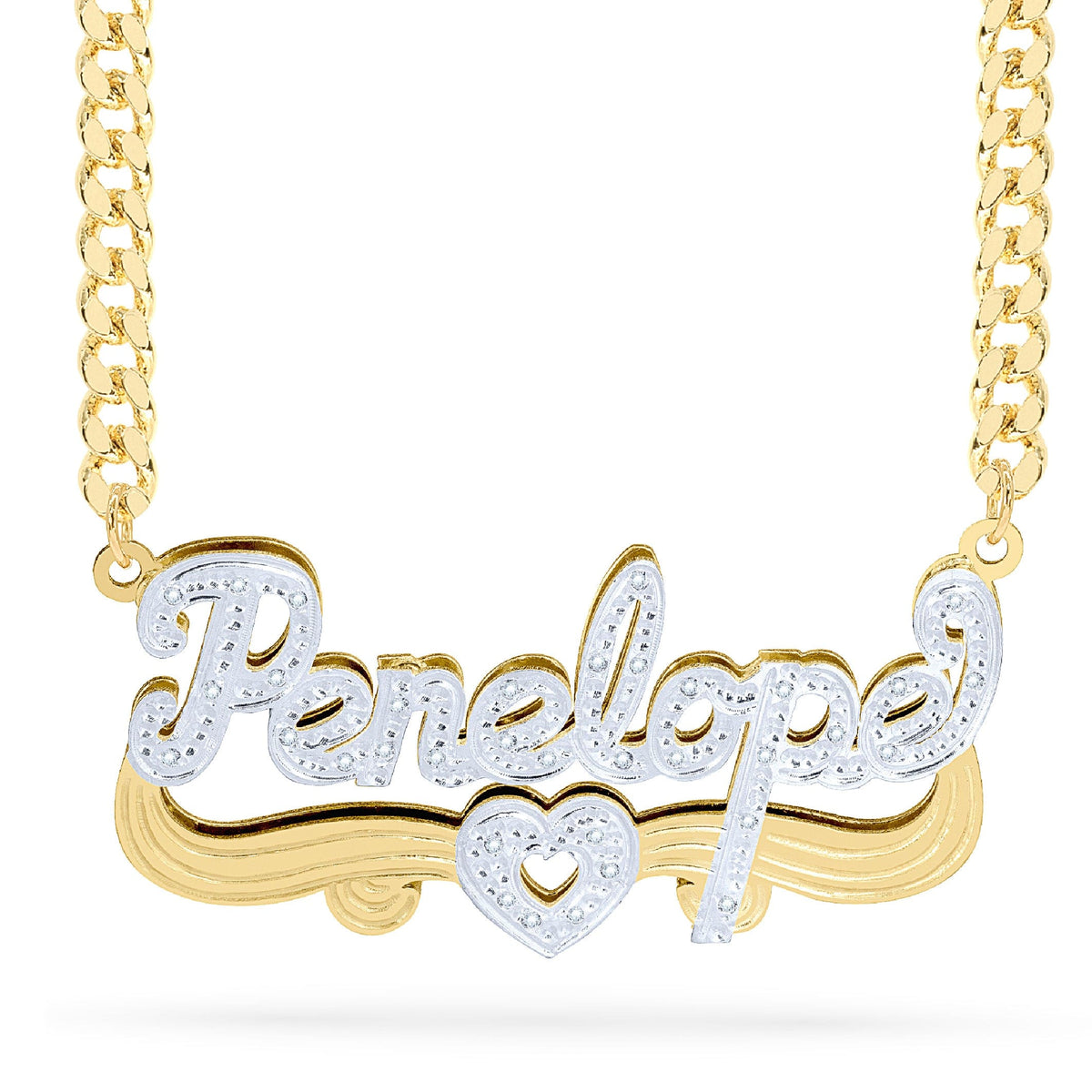 Diamond Double Nameplate Necklace w/ Heart &quot;Penelope&quot;