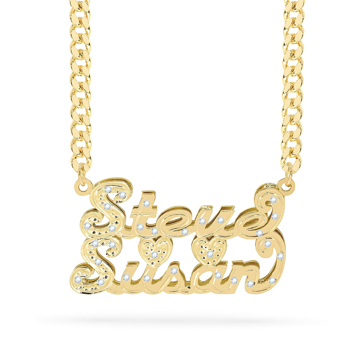Diamond Couple Double Name Necklace w/ Heart &quot;Steve &amp; Susan&quot;