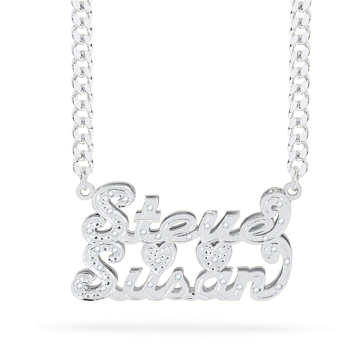 Diamond Couple Double Name Necklace w/ Heart &quot;Steve &amp; Susan&quot;