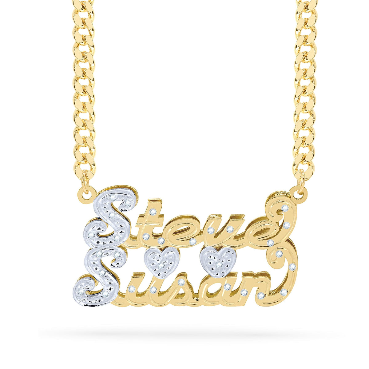 Diamond Couple Double Name Necklace w/ Heart &quot;Steve &amp; Susan&quot;