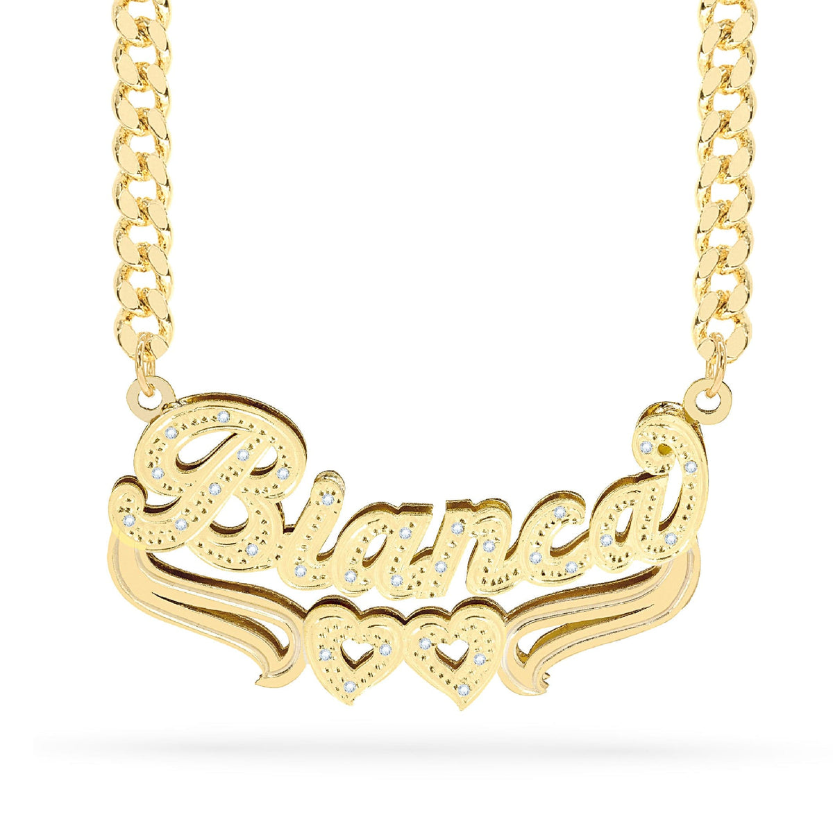 Diamond Double Nameplate Necklace w/ Hearts &quot;Bianca&quot;