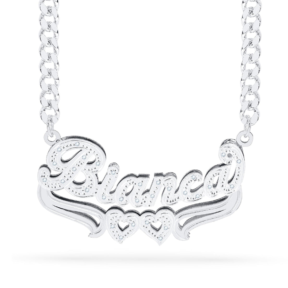 Diamond Double Nameplate Necklace w/ Hearts &quot;Bianca&quot;