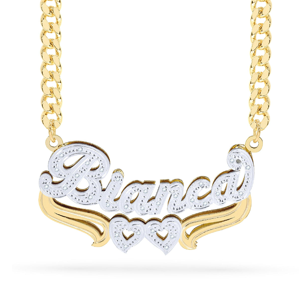 Diamond Double Nameplate Necklace w/ Hearts &quot;Bianca&quot;