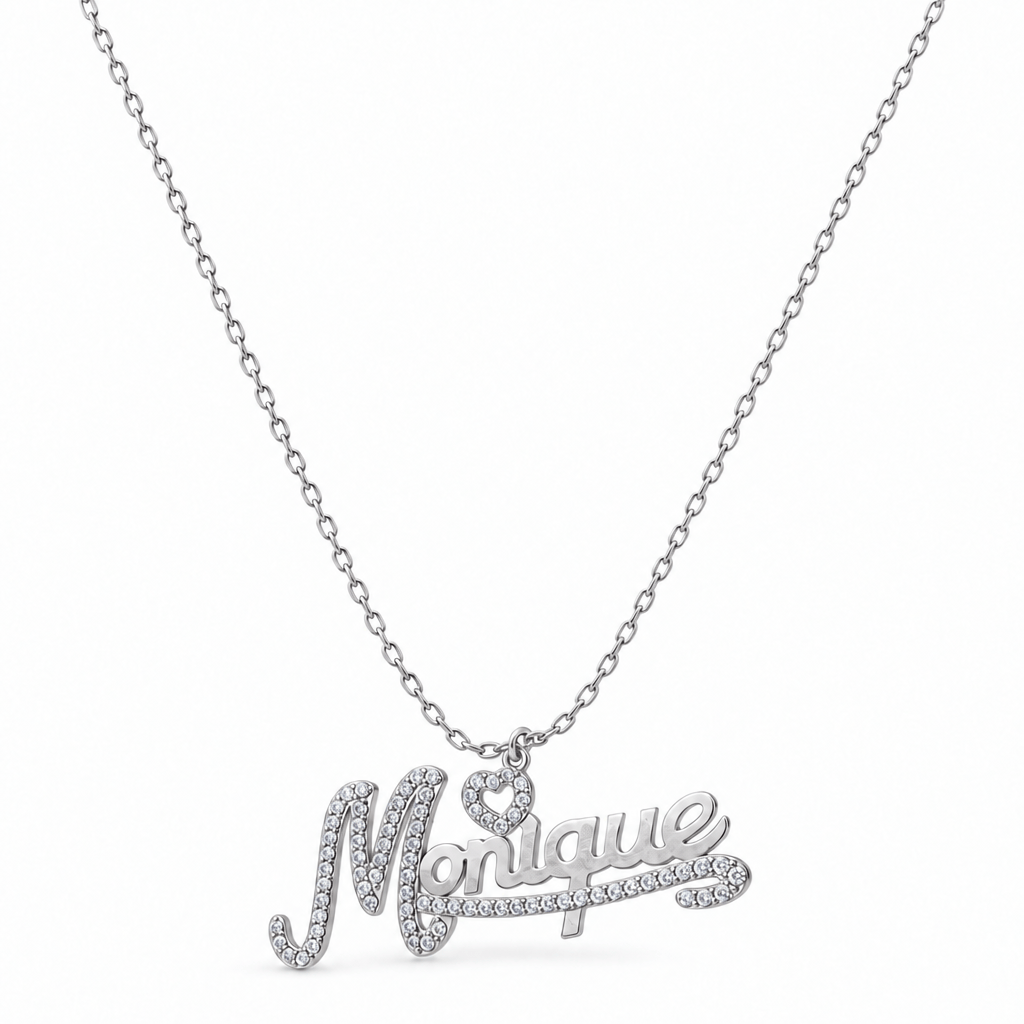 Iced Out Single Name Necklace with Heart