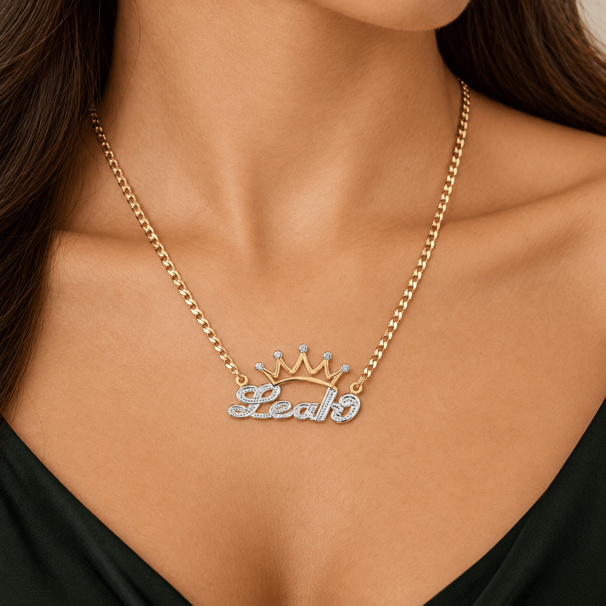 Personalized Double Nameplate Necklace with Crown