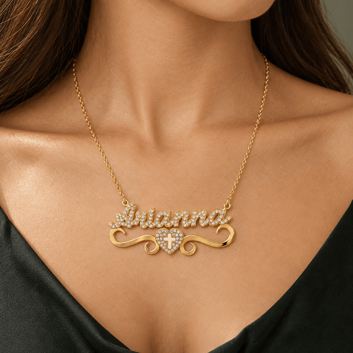 Iced Out Personalized Cross Heart Single Name Nameplate Necklace