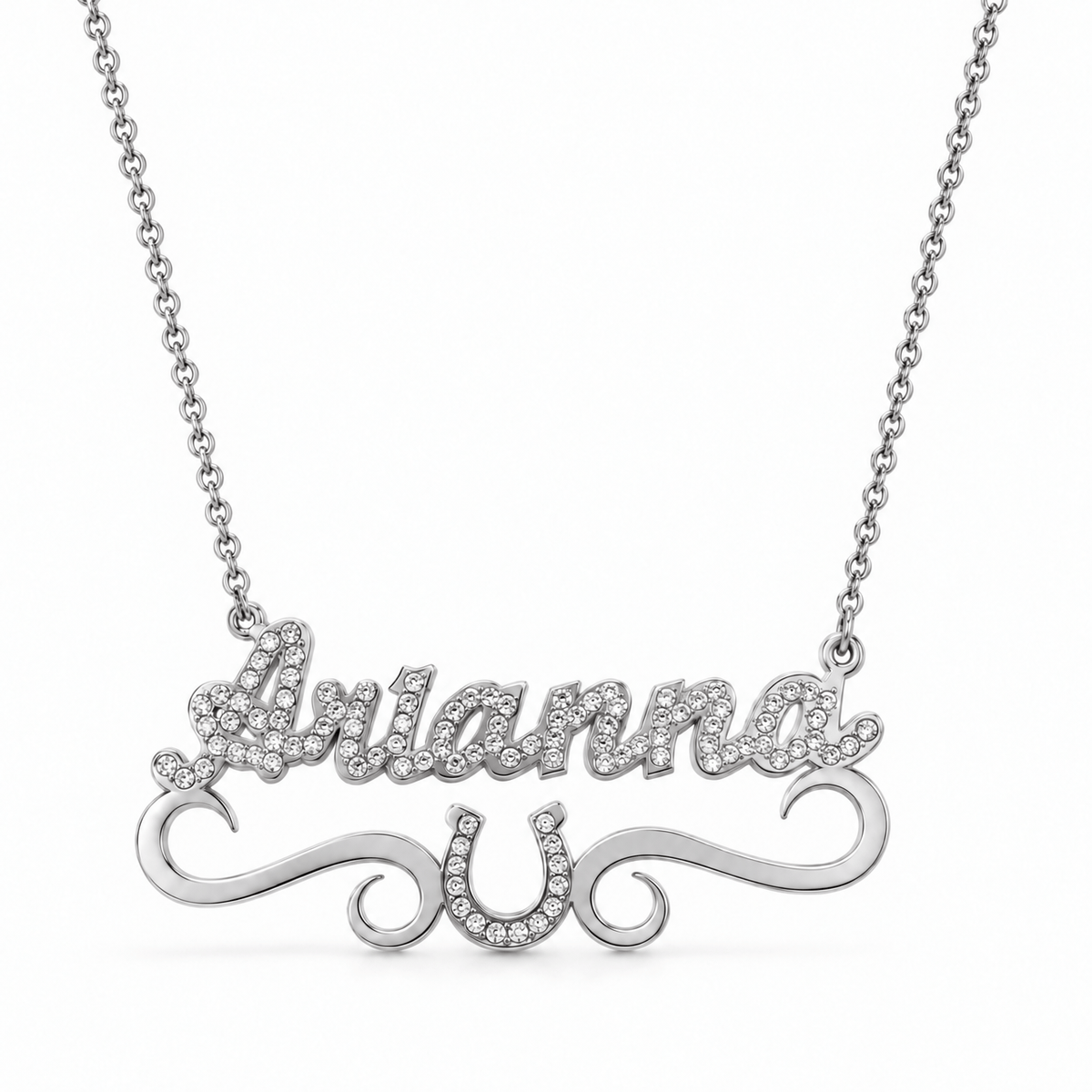 Iced Out Personalized Horseshoe Single Name Nameplate Necklace