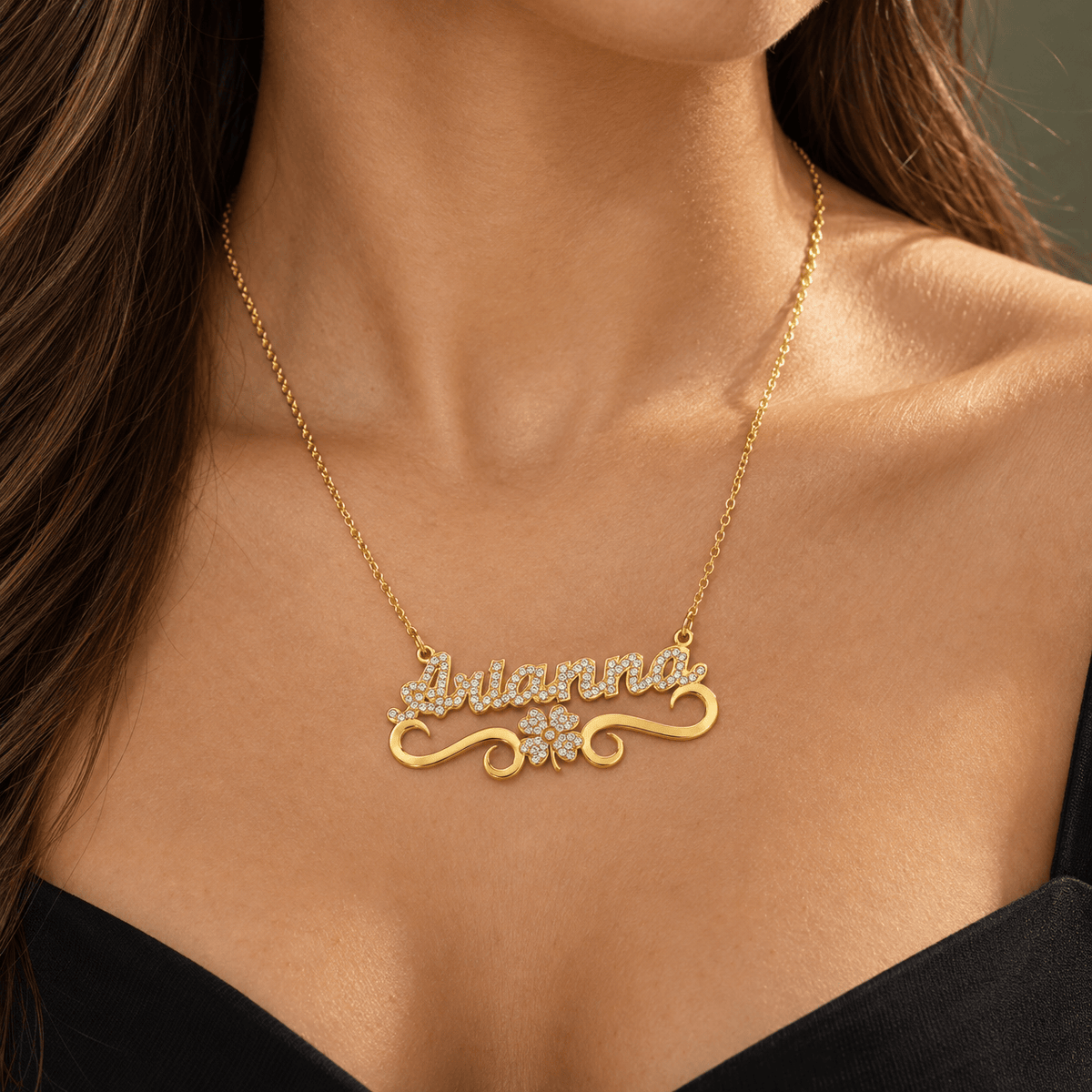 Iced Out Personalized Clover Single Name Nameplate Necklace