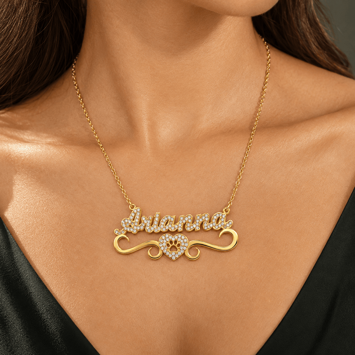 Iced Out Personalized Paw Print Heart Single Name Necklace