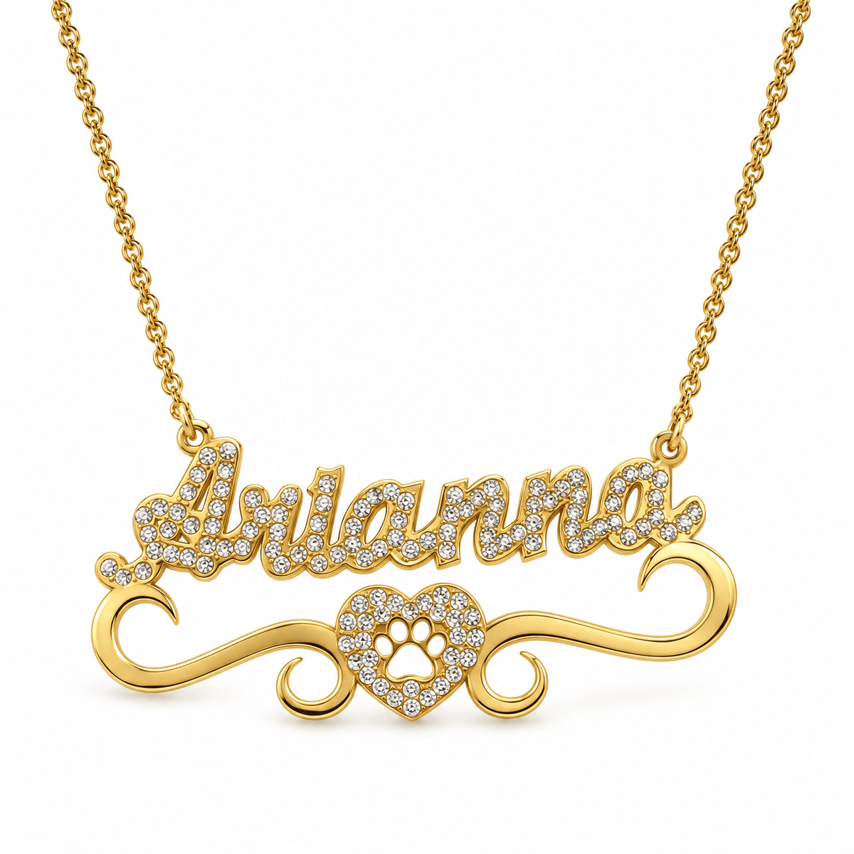 Iced Out Personalized Paw Print Heart Single Name Necklace