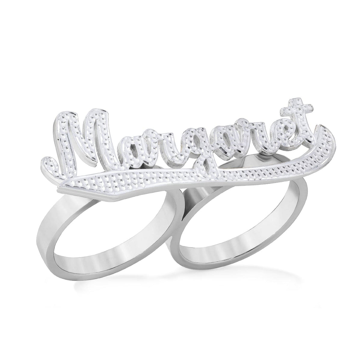 Double-Finger Name Ring with Beading/Rhodium