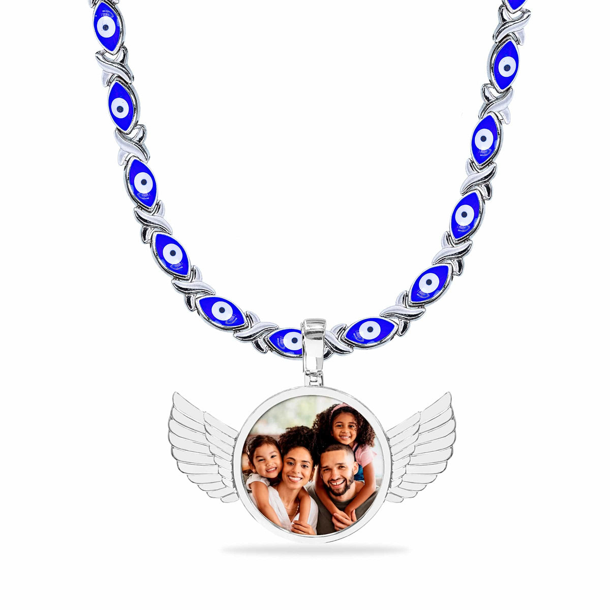 Evil Eye Xo Chain High Polished Round Photo Pendant with Wings