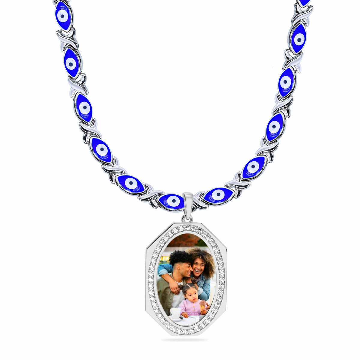 Evil Eye Xo Chain Iced Out Oval Photo Pendant