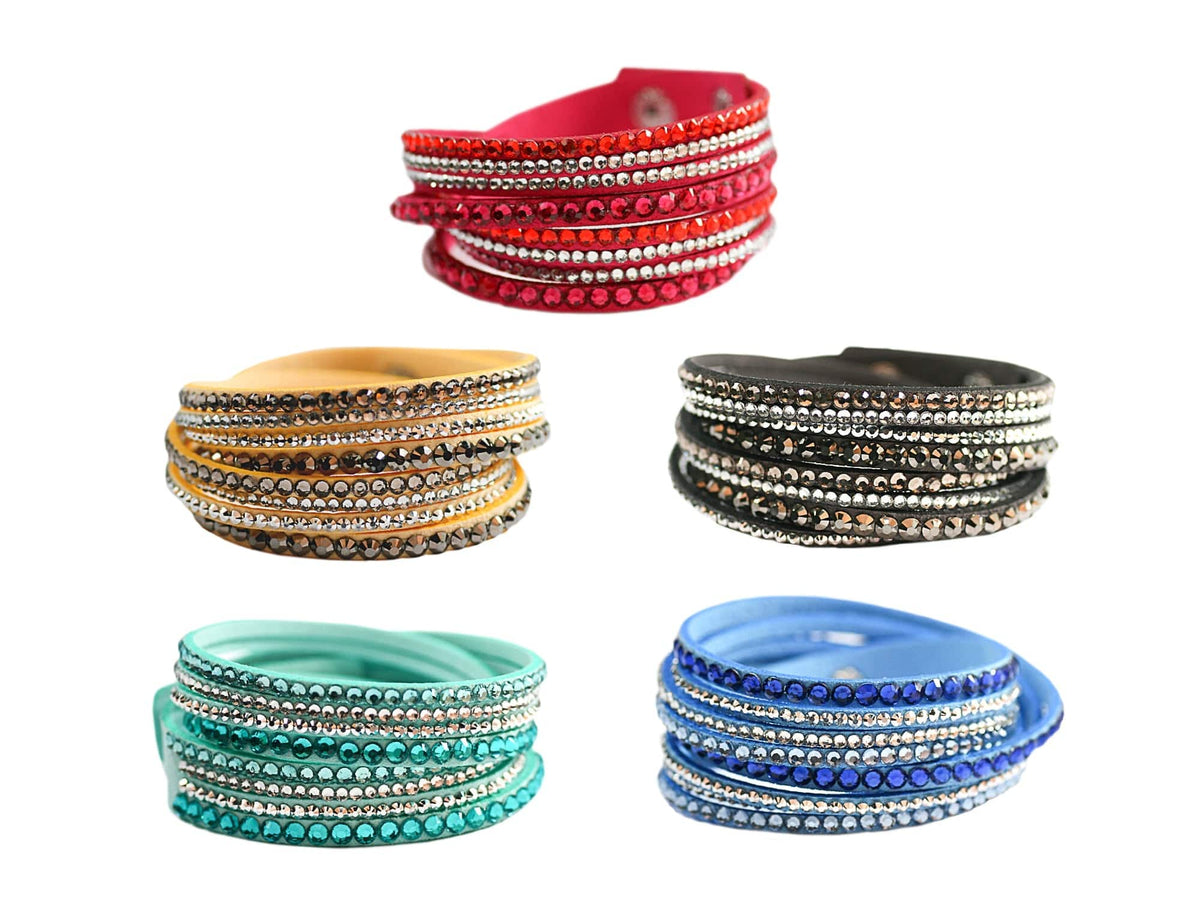 5 Leatherette Wrap Bracelets with Crystals